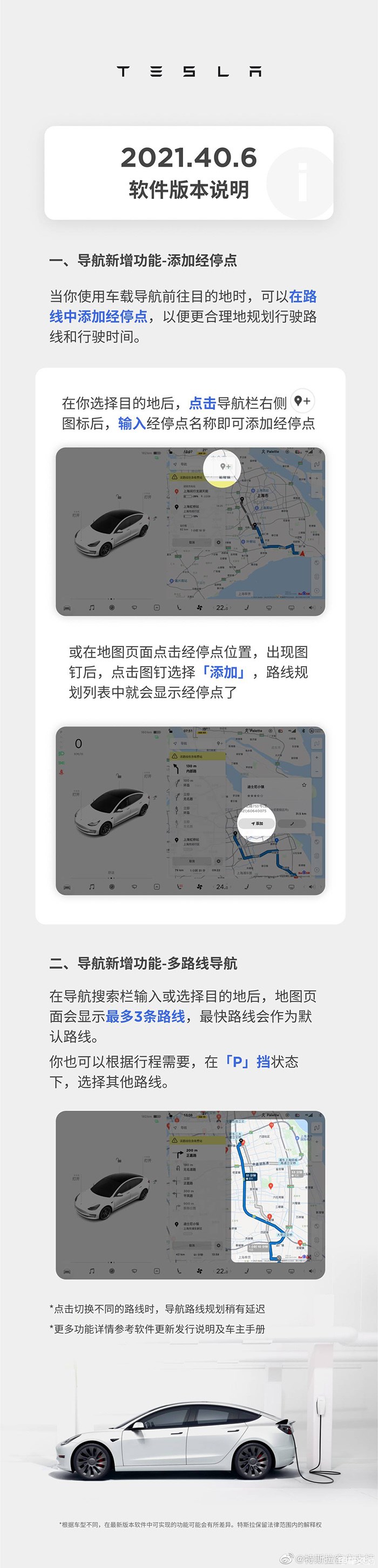 新增多路线导航等功能 特斯拉推出软件新版本