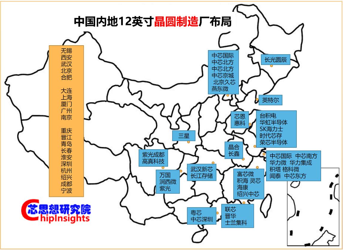 中国内地城市12英寸装机产能分布