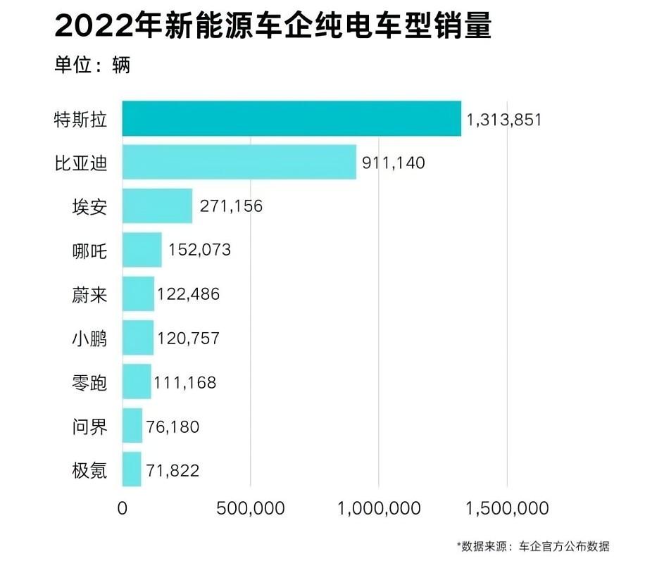 2022年新能源车企纯电车型销量